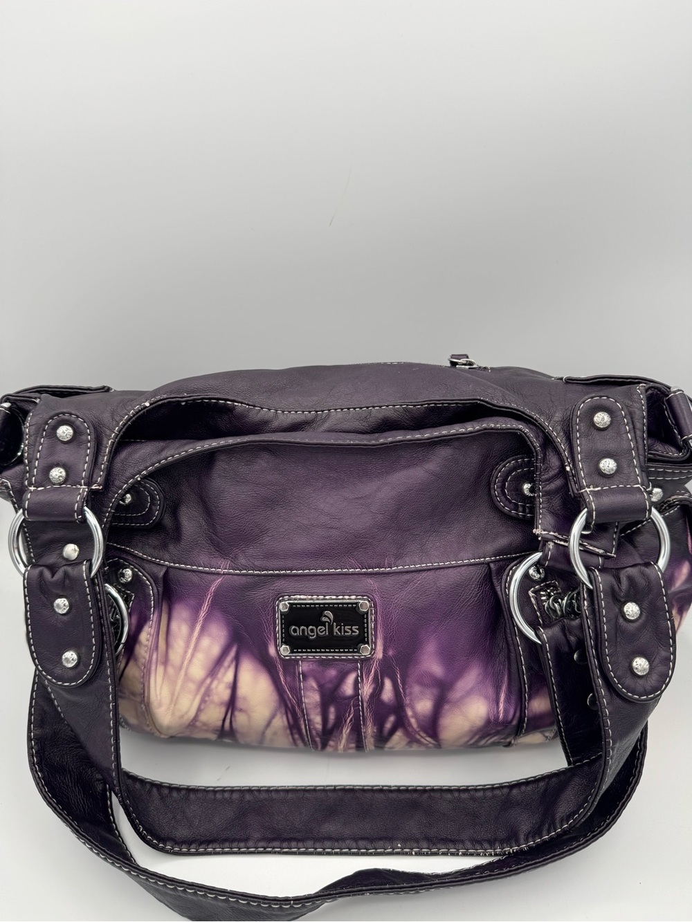 Angel Kiss Washed Vegan Leather Purple Tie-Dye Multi Pocket Hobo Shoulder Bag
